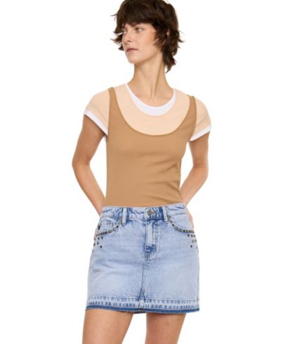 KanCan Women's USA Mildred Mid Rise Western Studded Denim Skirt