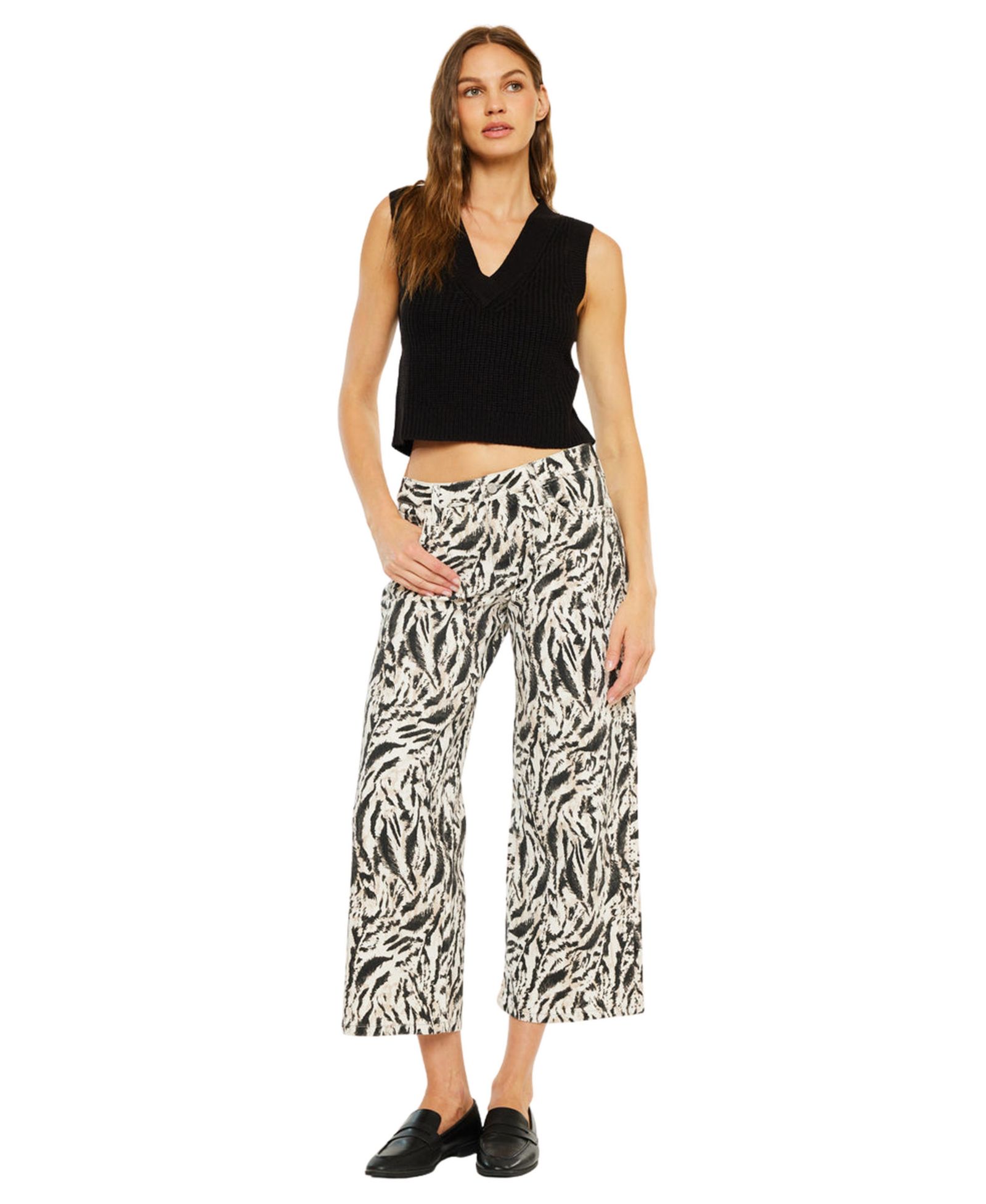 KanCan Women's Alonso Mid Rise Printed Crop Wide-Leg Jeans