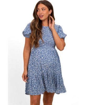 Pinkblush Women's Blue Floral Puff Sleeve Smocked Dress