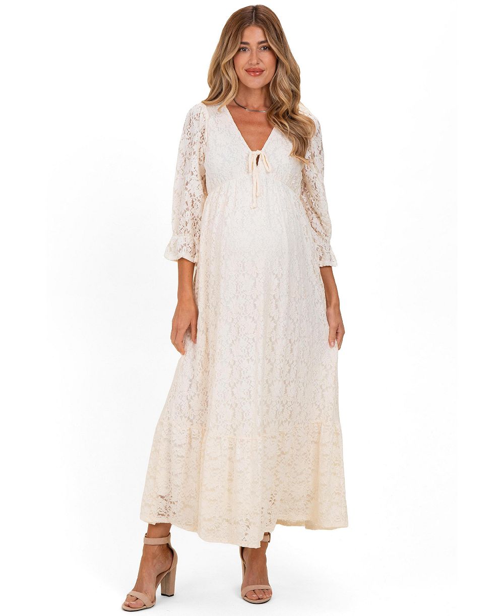 Pinkblush Women's Ivory Floral Lace 3/4 Ruffle Sleeve V-Neck Maxi Dress