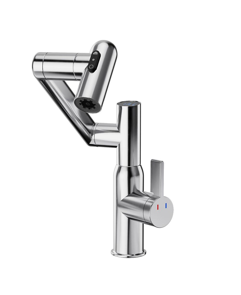 PHYING Chrome Bathroom Sink Faucet with Spray Function and Temperature Display for Anti-Skid Switch and Hot and Cold and 360degree(s) Rotary