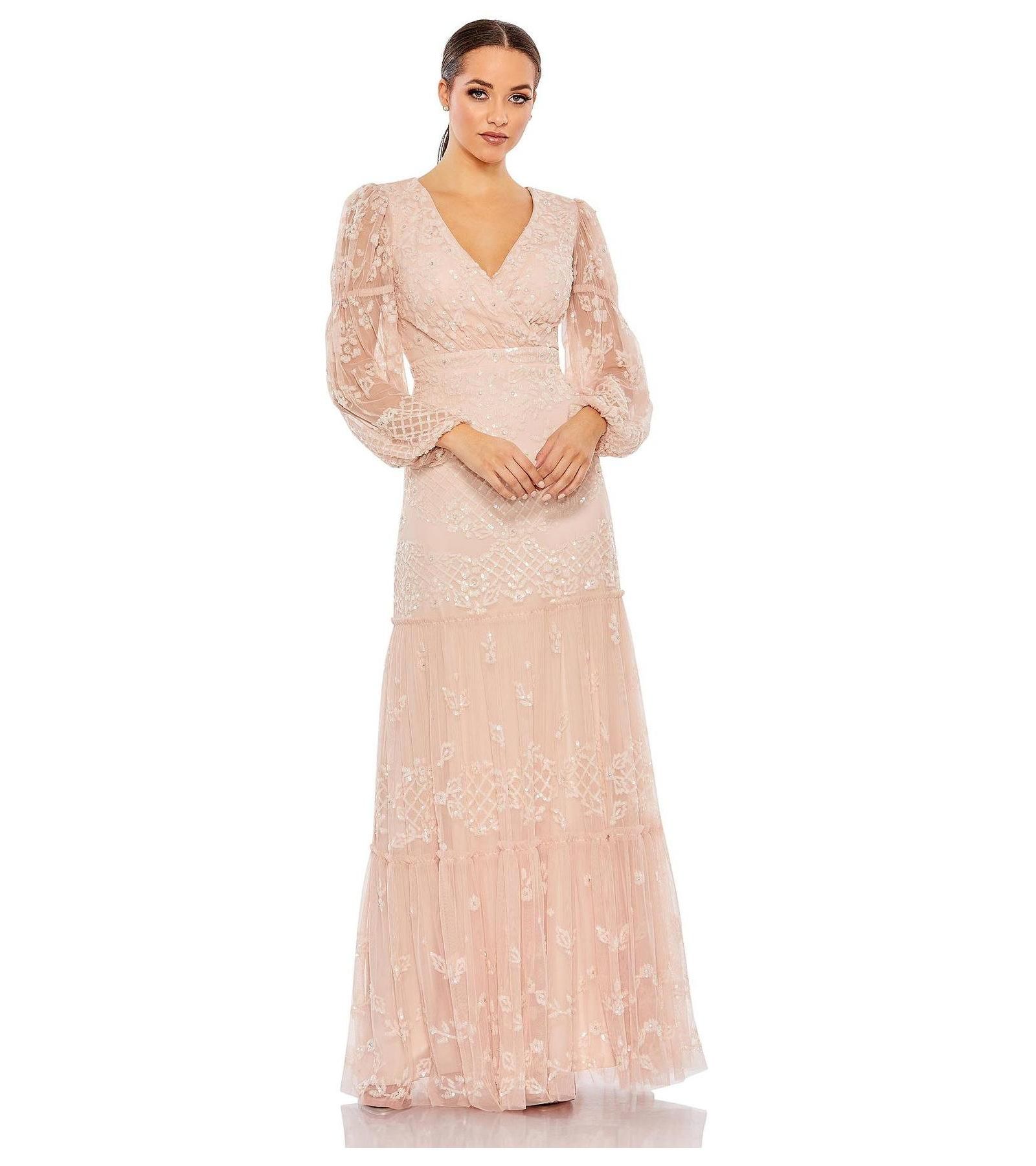 Mac Duggal Women's Sequined Tiered Wrap Over Puff Sleeve Gown