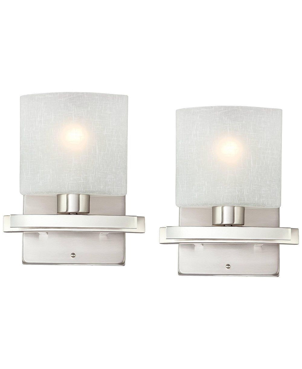 Possini Euro Design Modern Wall Light Sconces Set of 2 Brushed Nickel Hardwired 8 1/2" Fixture White Linen Glass Shade for Bedroom