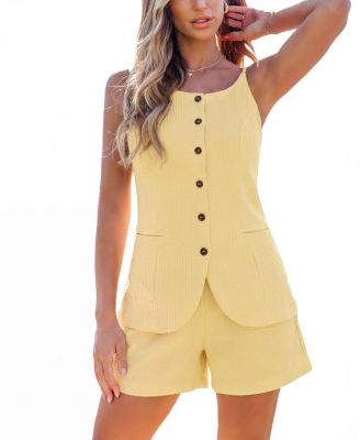 Cupshe Women's Button-Down Sleeveless Vest Top and High-Waisted Shorts Outfits