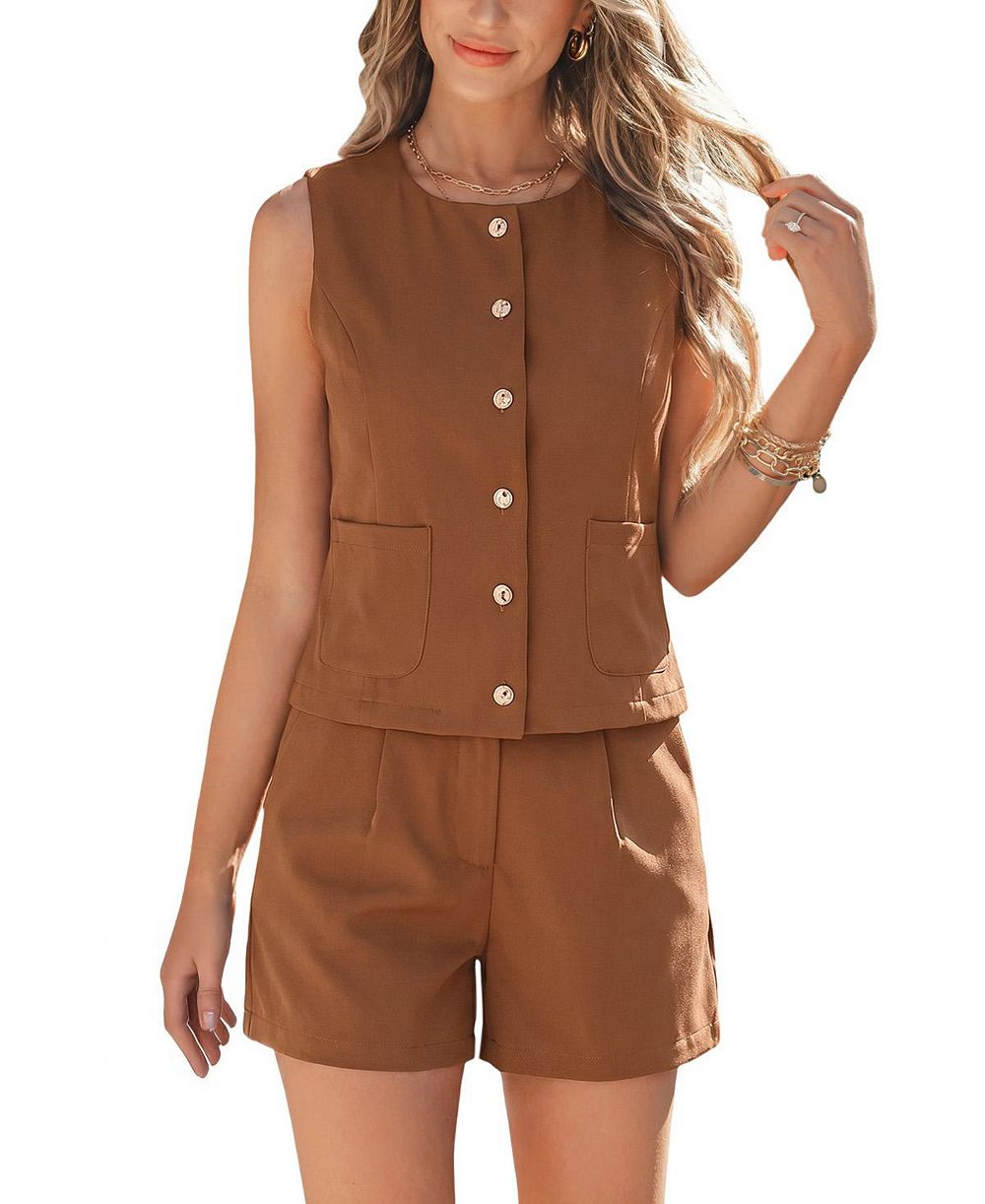 Cupshe Women's Button-Down Sleeveless Vest Top and High-Waisted Shorts Outfits
