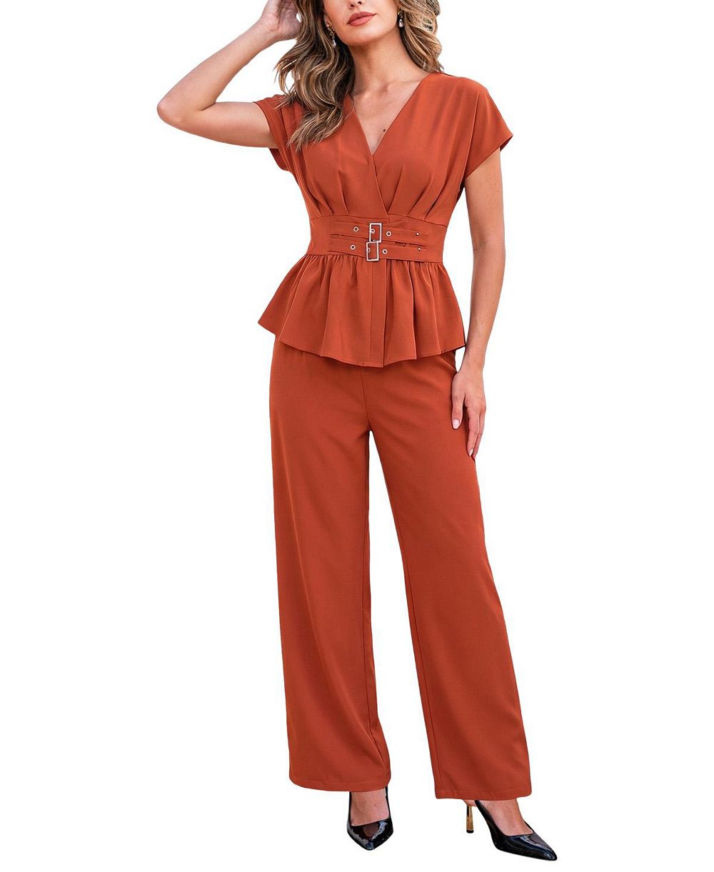 Женский комплект Cupshe Elegant V-Neck Belted Peplum Top и широкие брюки