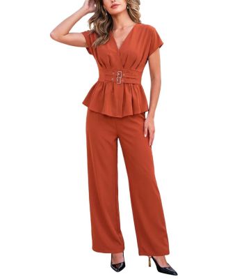 Cupshe Women's Elegant V-Neck Belted Peplum Top and Wide Leg Pants Two-Piece Set