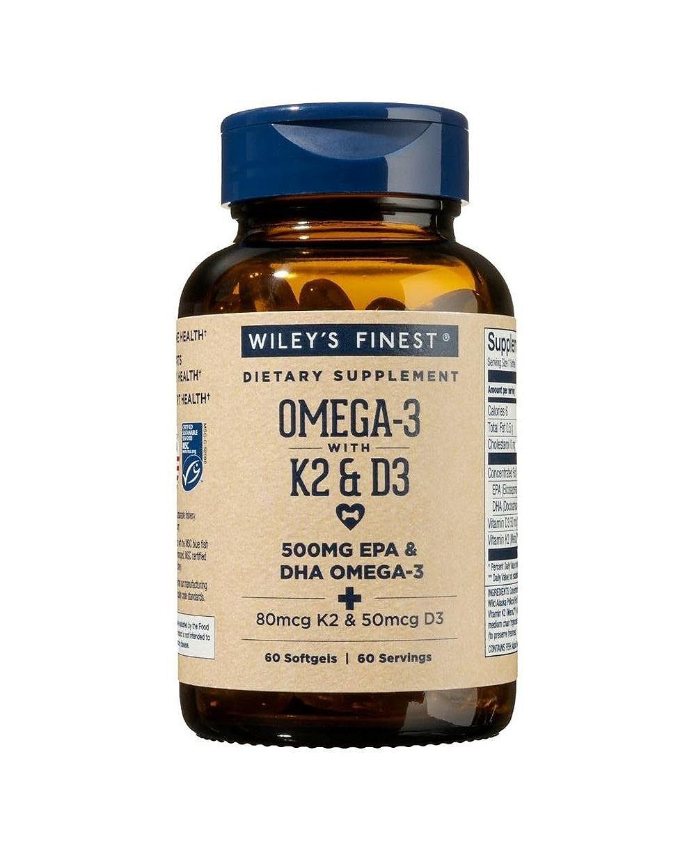 Рыбий жир Wiley's Finest с витаминами K2 и D3 - 500mg EPA и DHA для здоровья костей и сердца - 60 мягких капсул (60 порций)