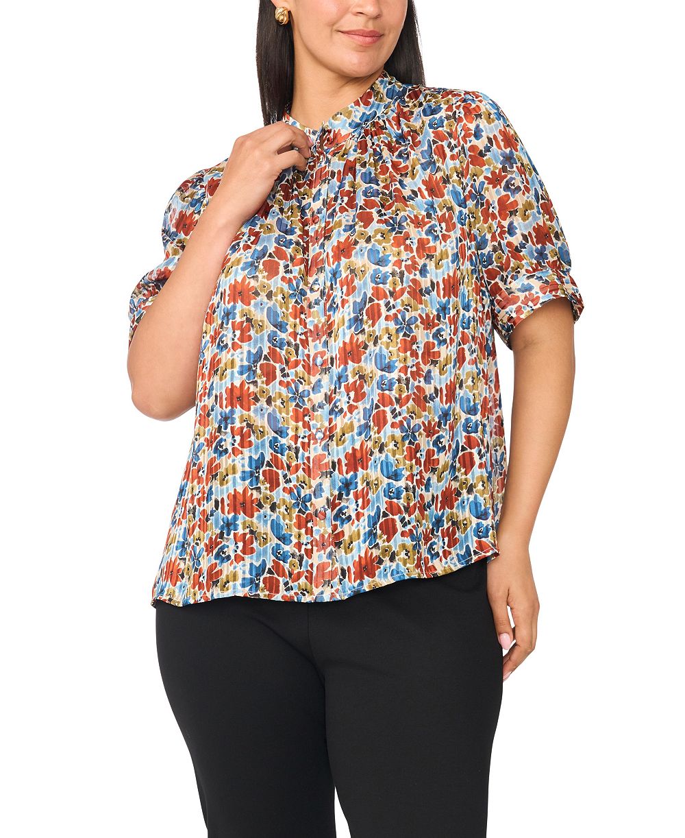 Женская блузка Plus Size Vince Camuto Floral с коротким пышным рукавом и воротником-стойкой