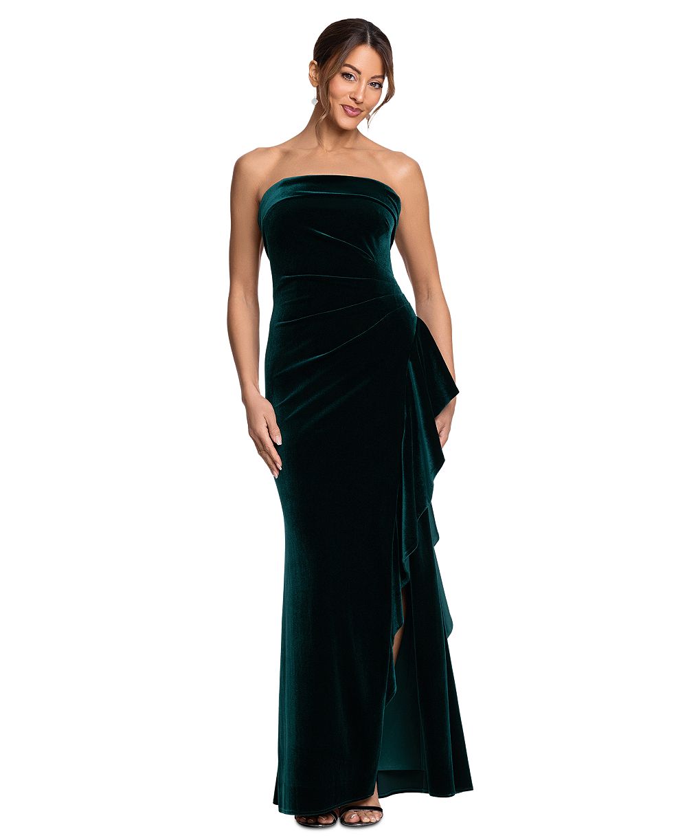 XSCAPE Women's Strapless Ruched Velvet Gown