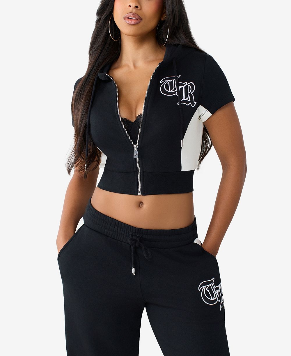 Женское укороченное худи True Religion с молнией и цветовым блоком, с коротким рукавом