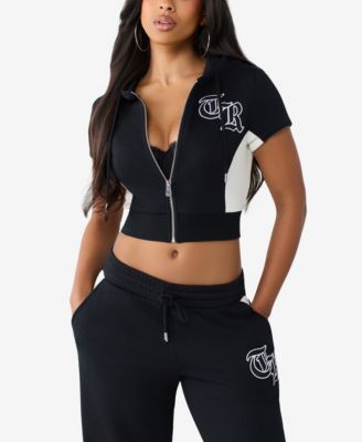 Женское укороченное худи True Religion с молнией и цветовым блоком, с коротким рукавом