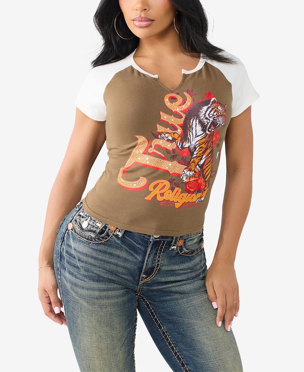 True Religion Women's Contrast Raglan Notch Baby T-Shirt