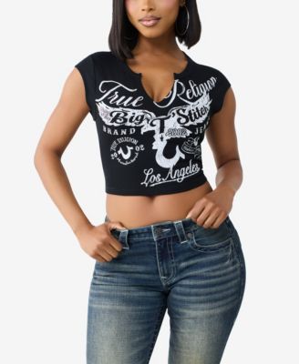 True Religion Women's Heritage Rib Notch Cropped Ribbed T-Shirt
