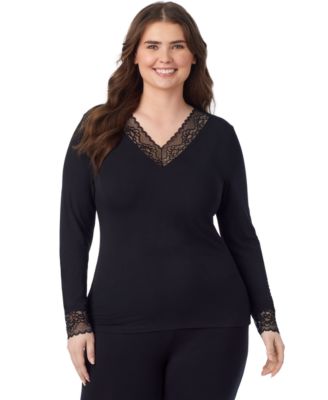Cuddl Duds Платье Plus Size Softwear с растяжением, длинным рукавом и V-образным вырезом с кружевной отделкой сверху