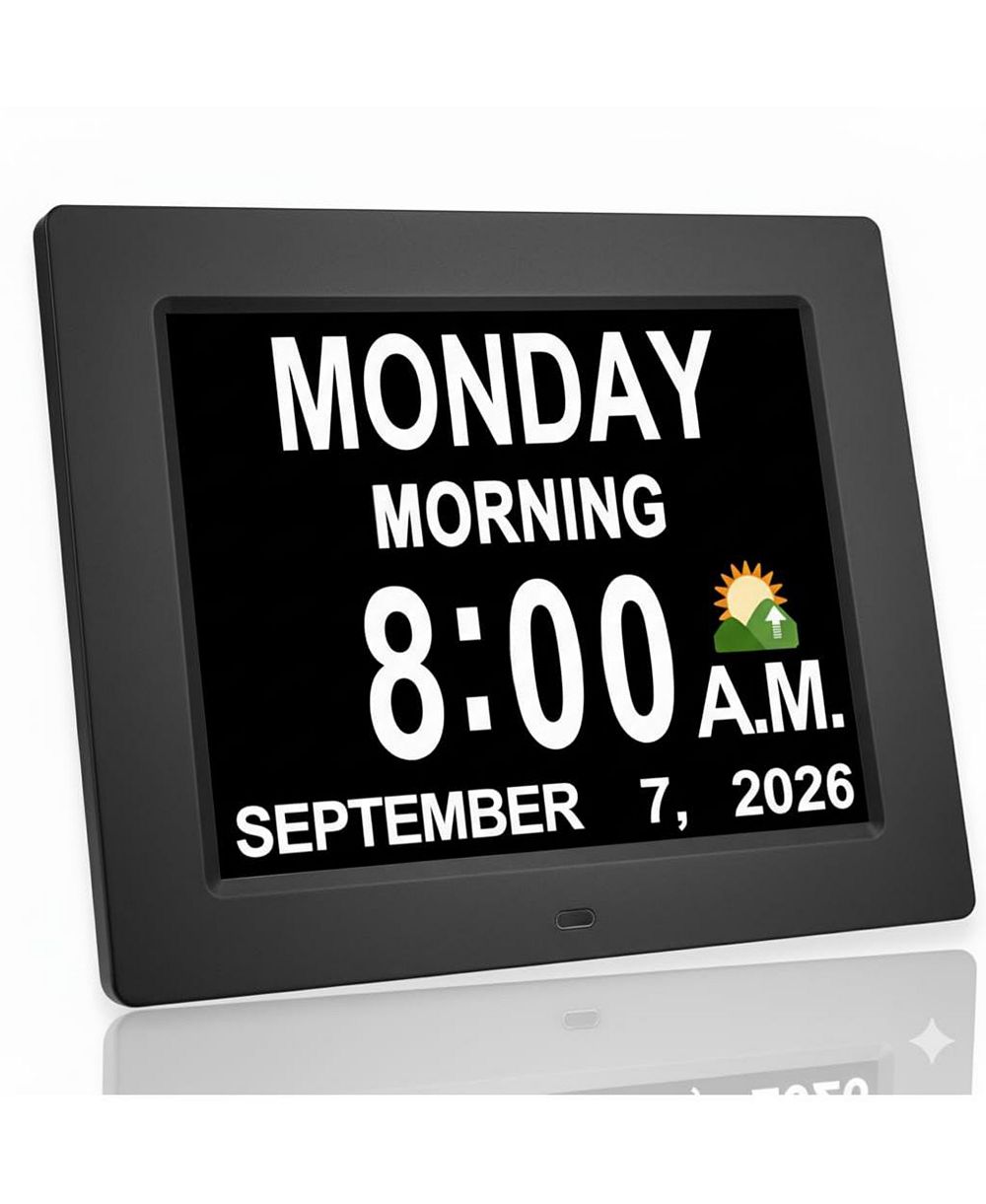 JALL 8 Inch Digital Day Clock, 2-5 Alarms, Auto-Dimming, Plug-In