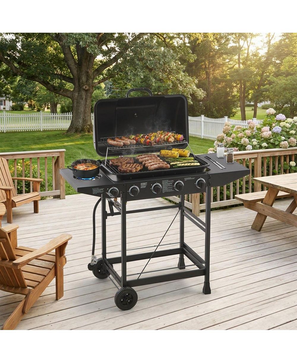 Asagikoiai 4 Burner BBQ Gas Grill with Side Burner, Stainless Steel Outdoor Barbecue for Patio