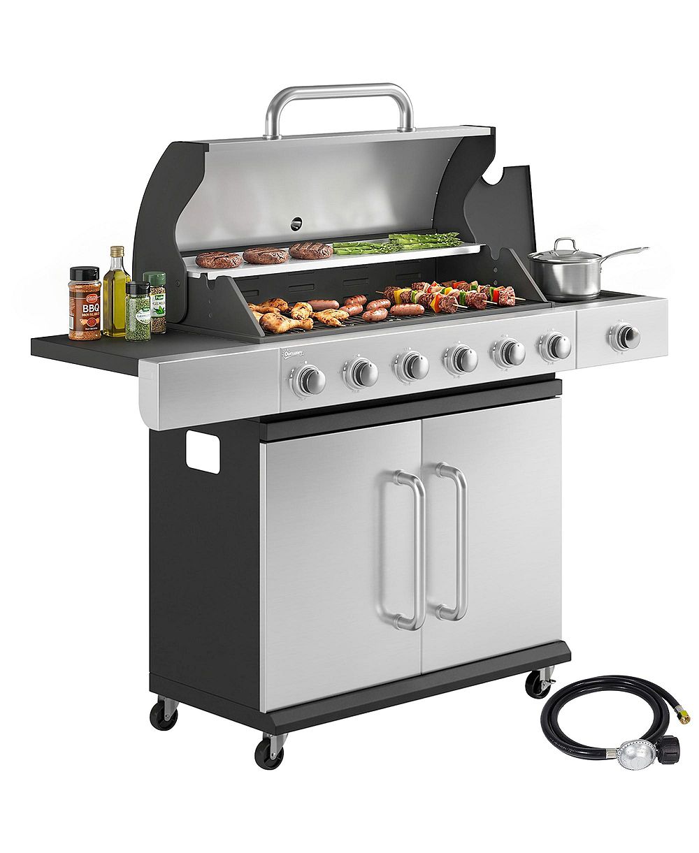 Outsunny 6 Burner Propane Gas Grill, Barbecue Grill with Side Burner