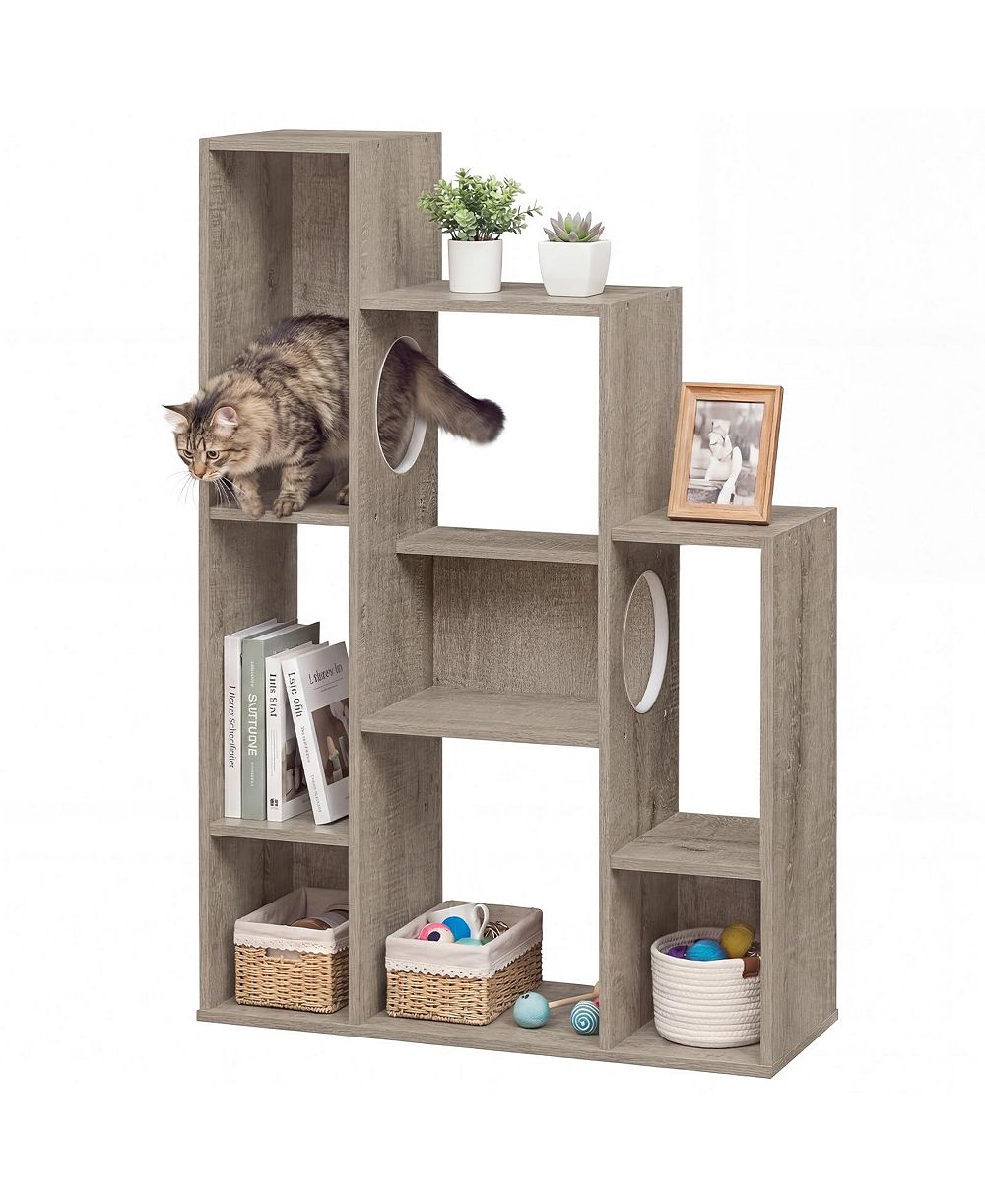 COZITO Modern Cat Bookshelf Cat Tree 8-Section Storage Cabinet with 2 Round Holes