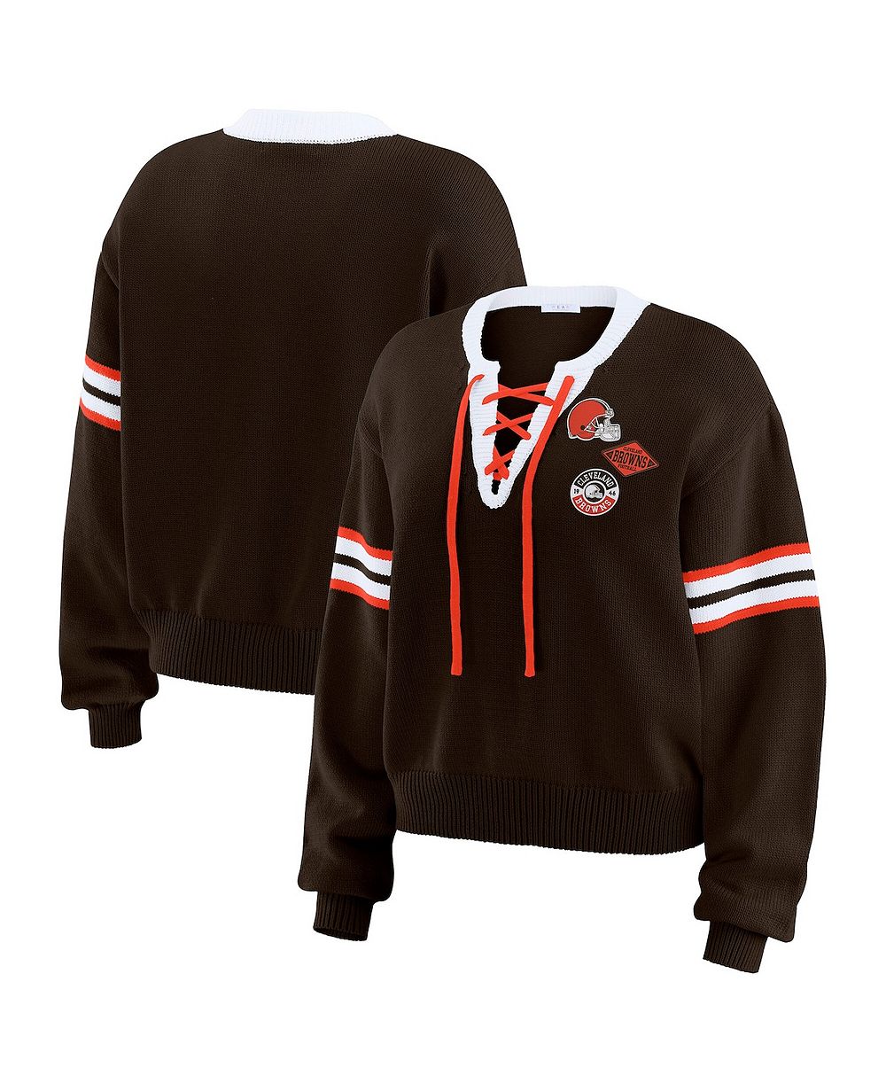 WEAR by Erin Andrews Women's Brown Cleveland Browns Lace-Up Sweater
