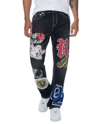 True Religion Men's Ricky Straight-Leg Graphic Patches Big T Stitching Jeans