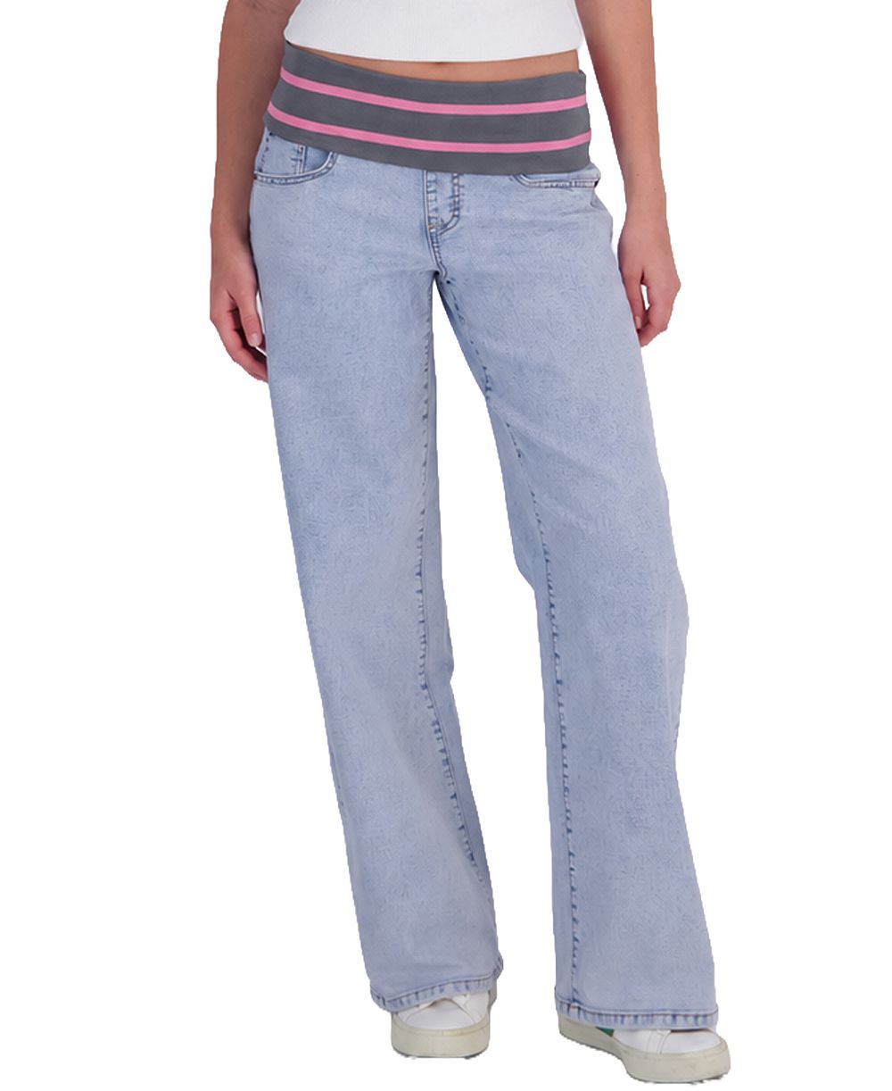 EM + CASS Juniors' Fold Over Waist Low-Rise Wide-Leg Denim