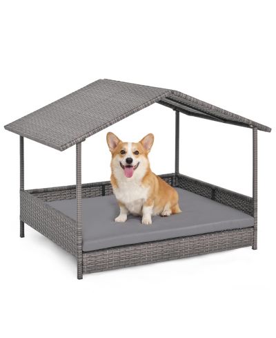 COZITO Wicker Dog House Elevated PE Rattan Dog Bed with Canopy