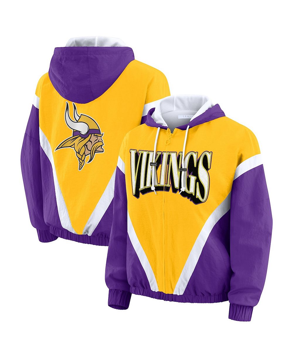 WEAR by Erin Andrews Women's Gold/Purple Minnesota Vikings Plus Size Retro Crinkle Full-Zip Hoodie Windbreaker Jacket