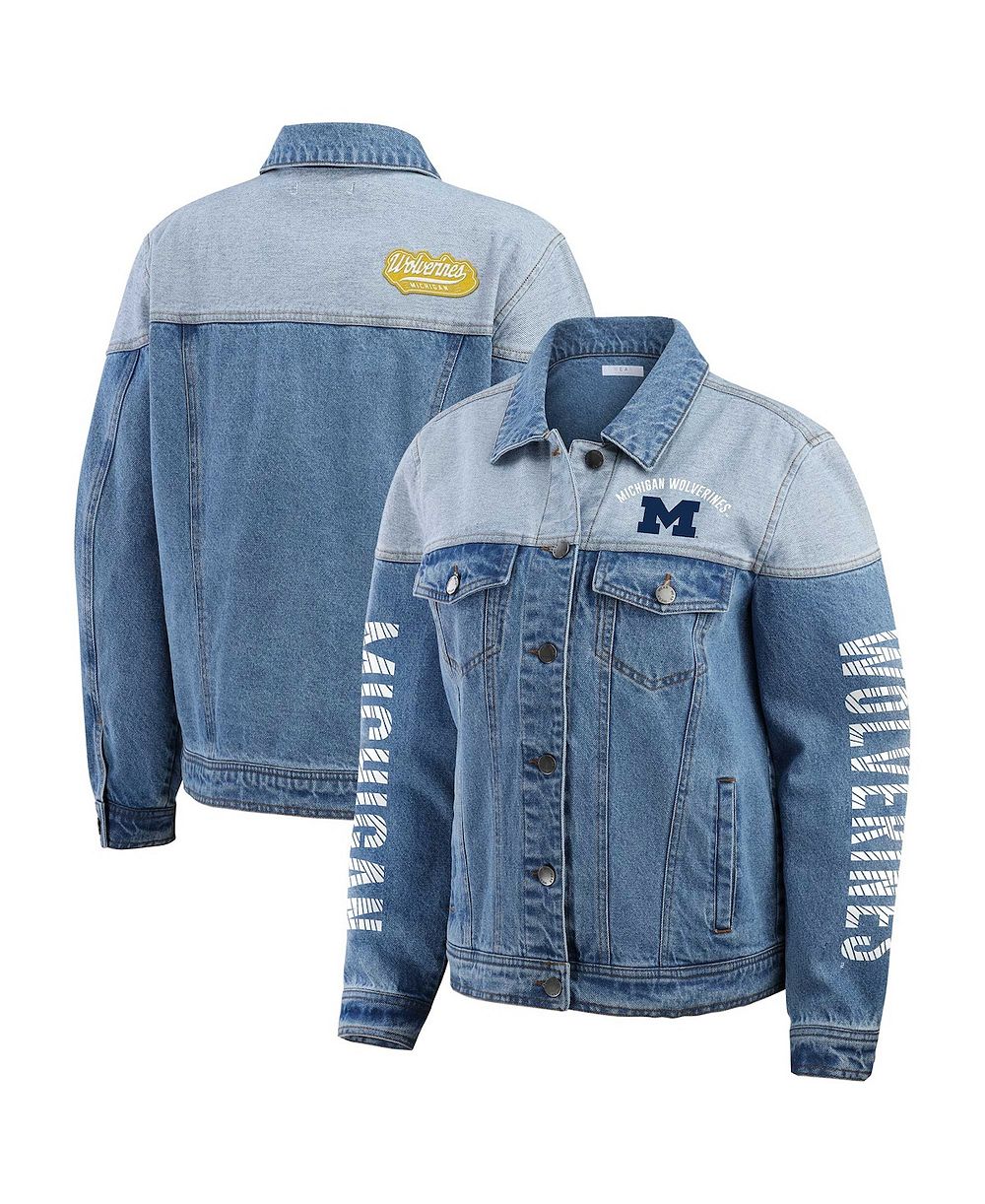 Джинсовая куртка WEAR by Erin Andrews Women's Denim Michigan Wolverines Sleeve Hit Color Block Button-Down