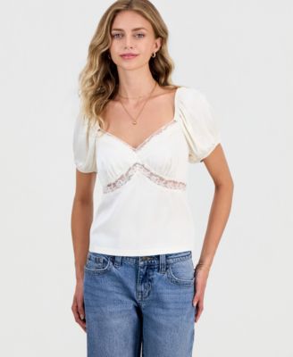 Celebrity Pink Juniors' Lace-Trim Satin Puff-Sleeve Top