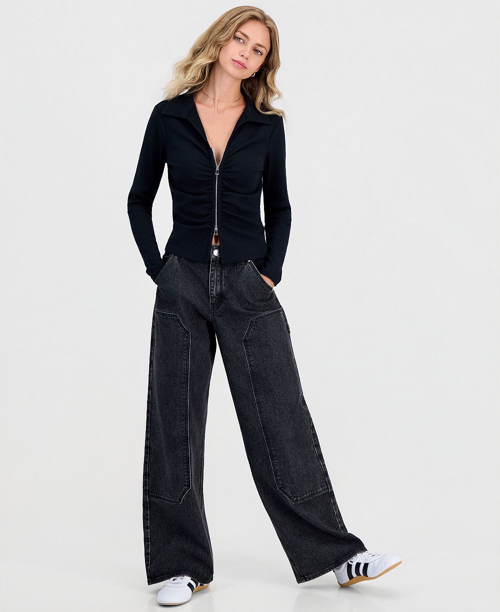 Ultra Flirt Juniors' Zip-Front Ribbed Knit Top