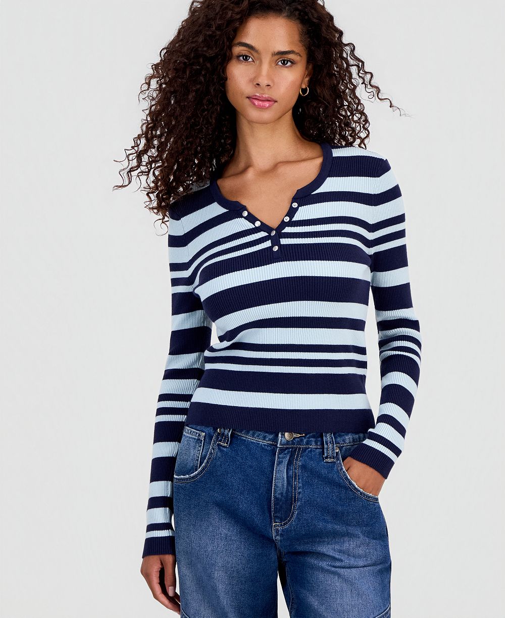 Hooked Up by IOT Juniors' Striped Snap Henley Stripe Sweater