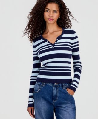 Hooked Up by IOT Juniors' Striped Snap Henley Stripe Sweater