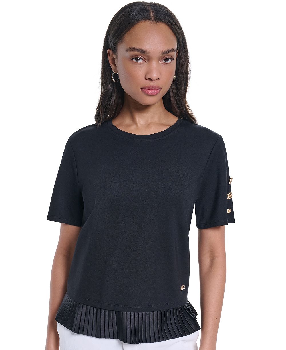 KARL LAGERFELD PARIS Women's Crewneck Short-Sleeve Pleated-Hem Blouse