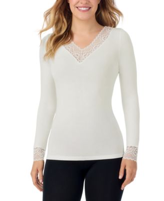 Женская ночная кофта Cuddl Duds с длинным рукавом и V-образным вырезом, украшенная кружевом
