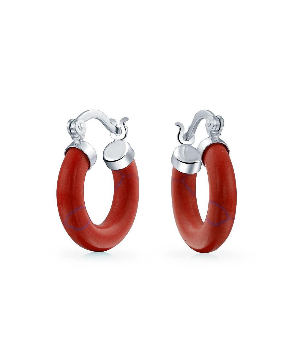 Bling Jewelry Classic Stone  Turquoise Onyx Round Tube Hoop Earrings .925 Sterling Silver .75 Inch Diameter