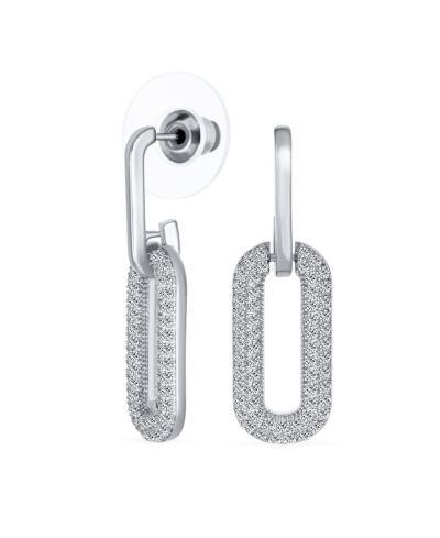Bling Jewelry Geometric Vertical U Oval Micro Pave CZ Dangling Link Paperclip Earrings Gold Plated