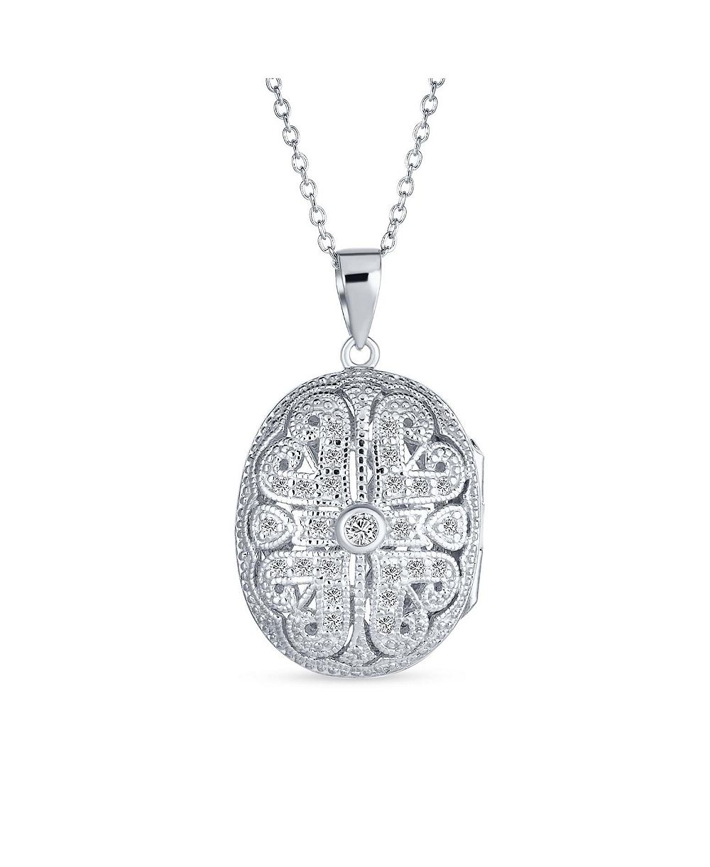 Bling Jewelry Antique Style Heart and Clover Oval Keepsake Photo Locket Necklace Gold Plated Sterling Silver
