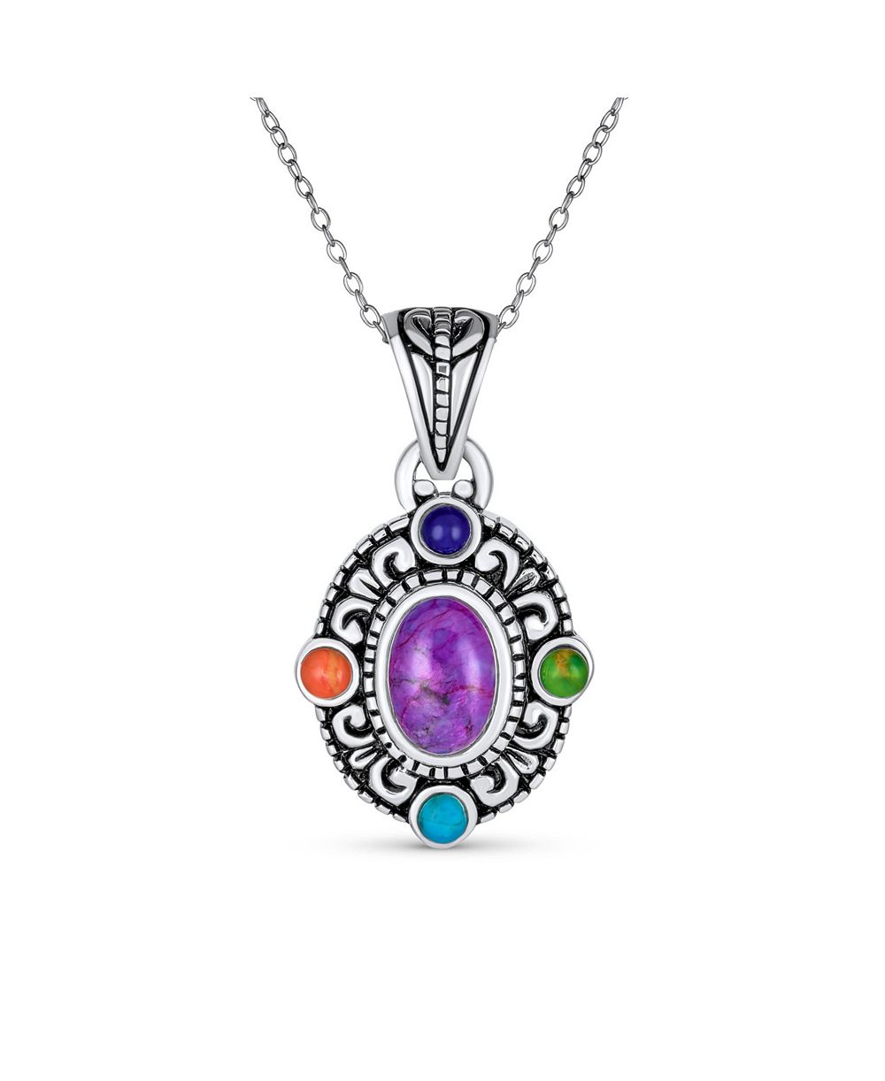 Ожерелье-подвеска Bling Jewelry Southwest Style Oval Cabochon Multicolor Purple Turquoise Medallion Oxidized Sterling Silver