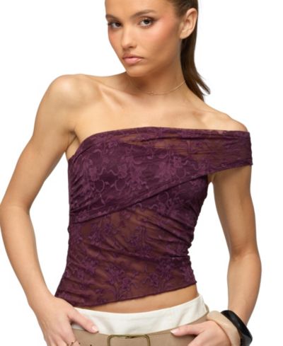 Edikted Women's Asymmetric One Shoulder Sheer Lace Top
