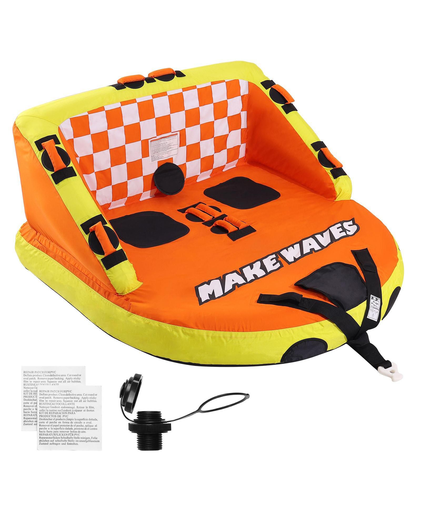 Hikeen Towable Tube for Boating  Riders Inflatable Towable Tubes with Deck Seats and Backrest  Water Sport Tube for Boat to Pull Full Nylon Cover