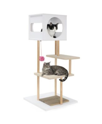 RUIE Tall Wood Cat Tower with 2-Door Condo and Corrugated Scratching Cardboard