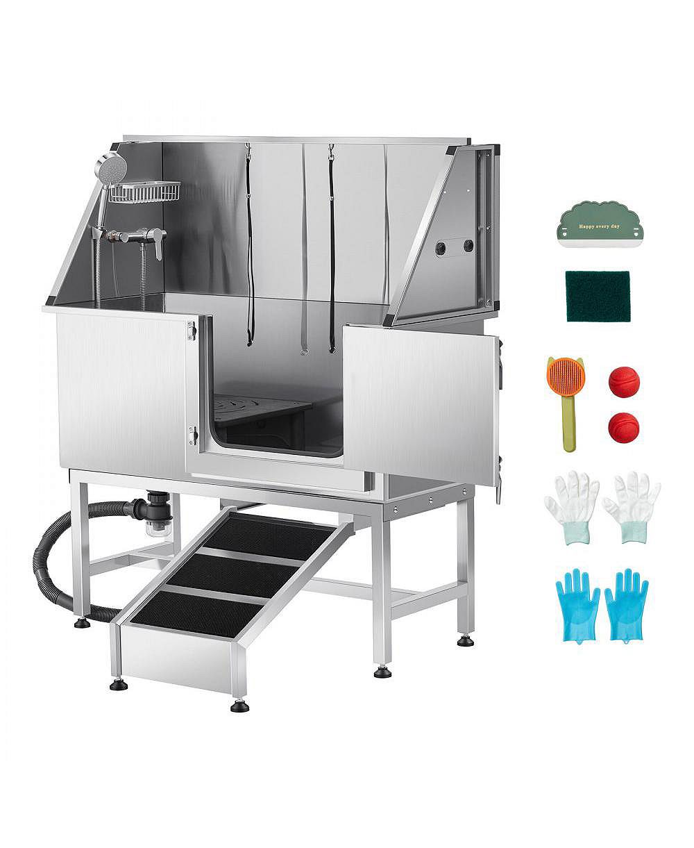 RUIE 50 inch Stainless Steel Dog Bathtub with Ramp PE Filter Board and Showerhead Right