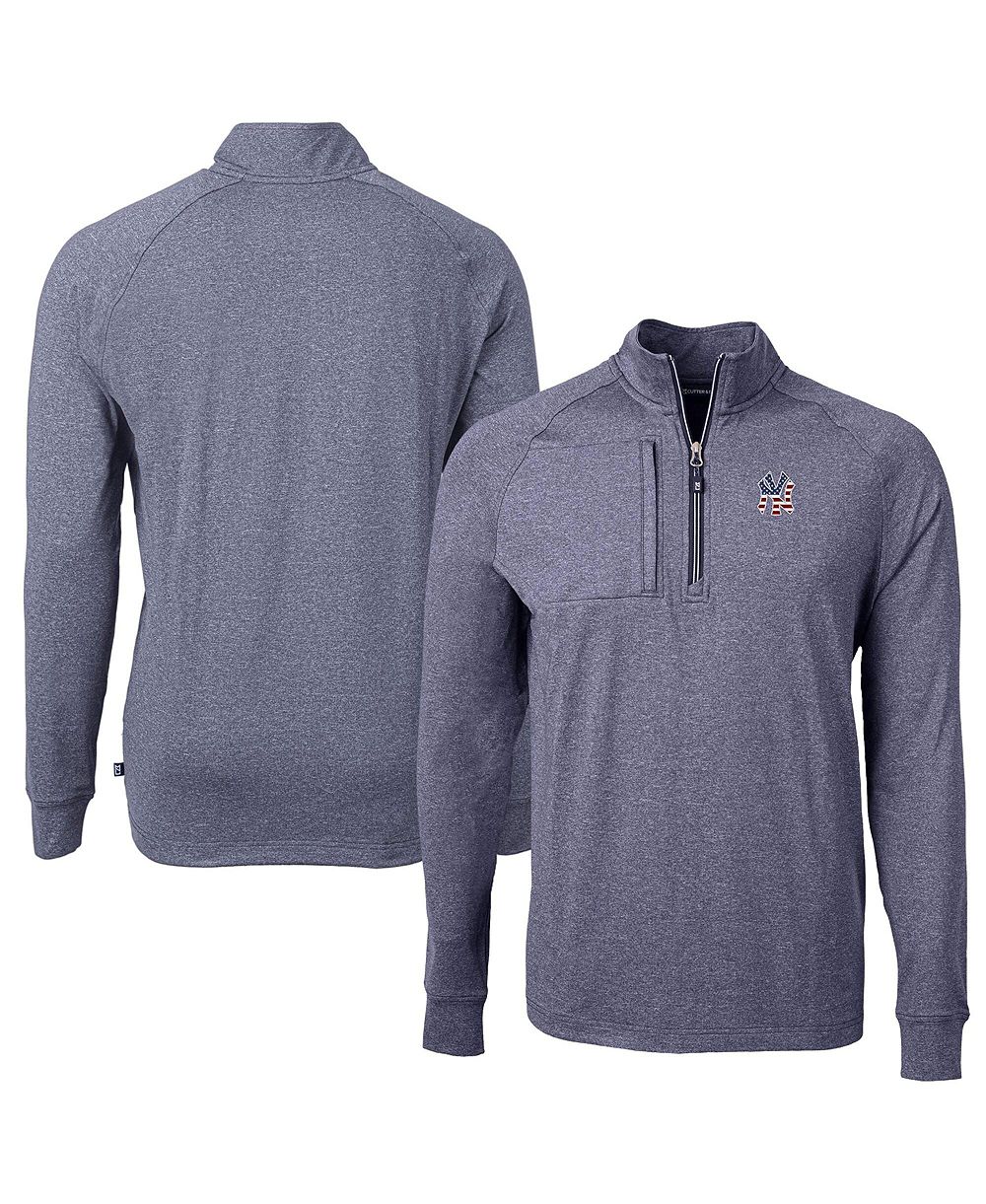 Мужской джемпер Cutter & Buck Heather Navy New York Yankees Americana Logo Big & Tall Adapt Eco Knit Stretch Quarter-Zip Pullover Sweatshirt