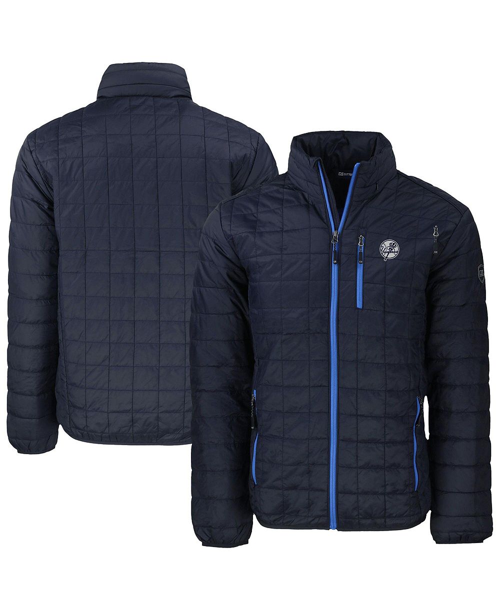 Cutter & Buck Men's Navy New York Yankees Rainier PrimaLoft® Eco Insulated Full-Zip Hoodie Puffer Jacket