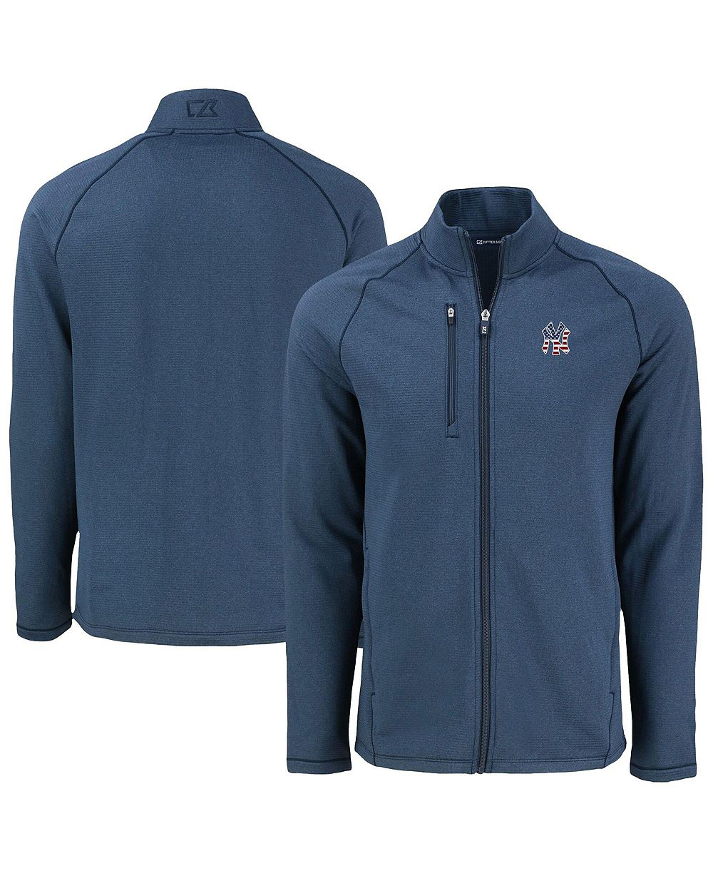 Cutter & Buck Men's Heather Navy New York Yankees Peshastin Eco Fleece Raglan Full-Zip Jacket