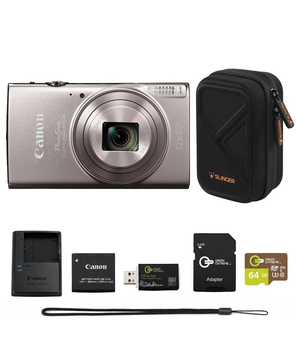 Canon PowerShot ELPH 360 HS цифровой фотоаппарат с комплектом: 64GB microSD, адаптер SD, USB card reader, жесткий чехол и аккумулятор