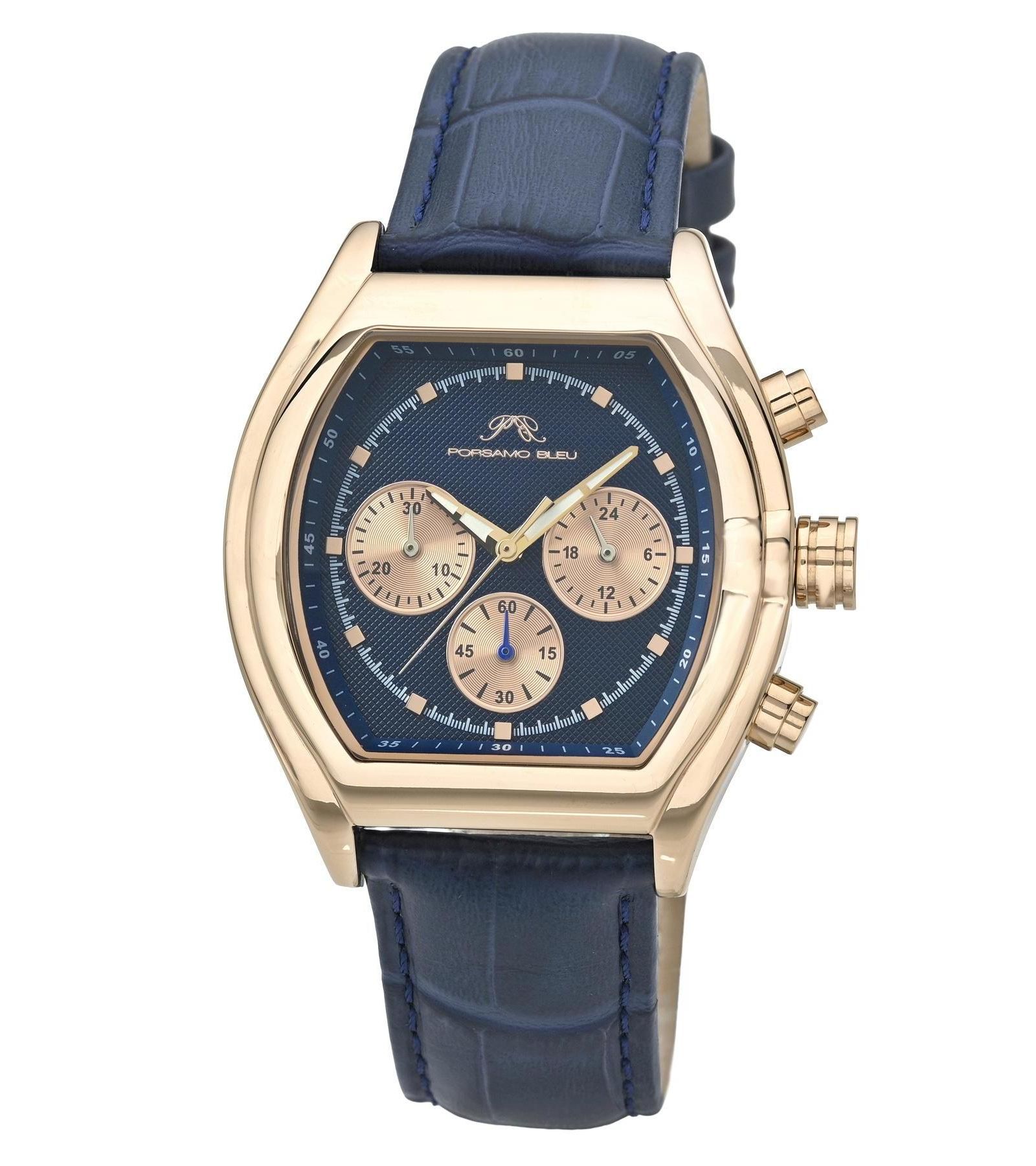 Porsamo Bleu Men's Roman Chronograph Blue Genuine Leather Band Watch 42 mm