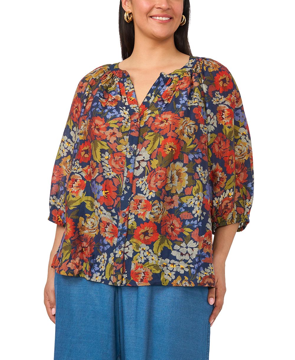 Vince Camuto Plus Size Raglan Sleeve V-Neck 3/4-Sleeve Blouse