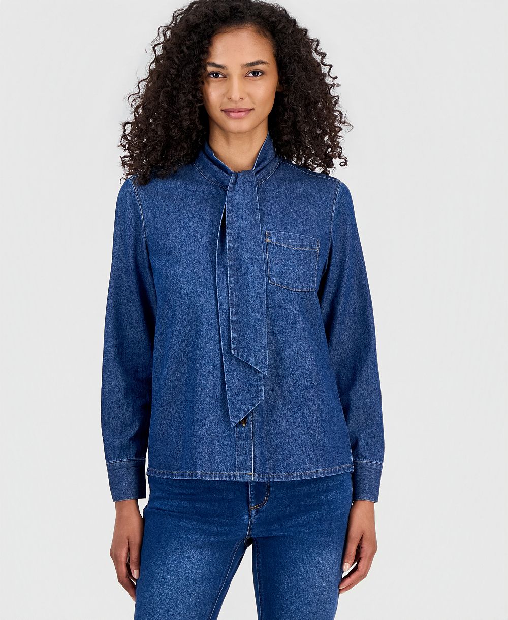Anne Klein Женский Tie-Neck Button-Front Long-Sleeve Top